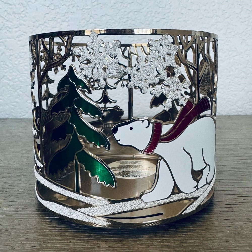 Bath & Body Works Christmas Polar Bear Woodland Trees Metal Candle Holder Sleeve - Picture 1 of 4